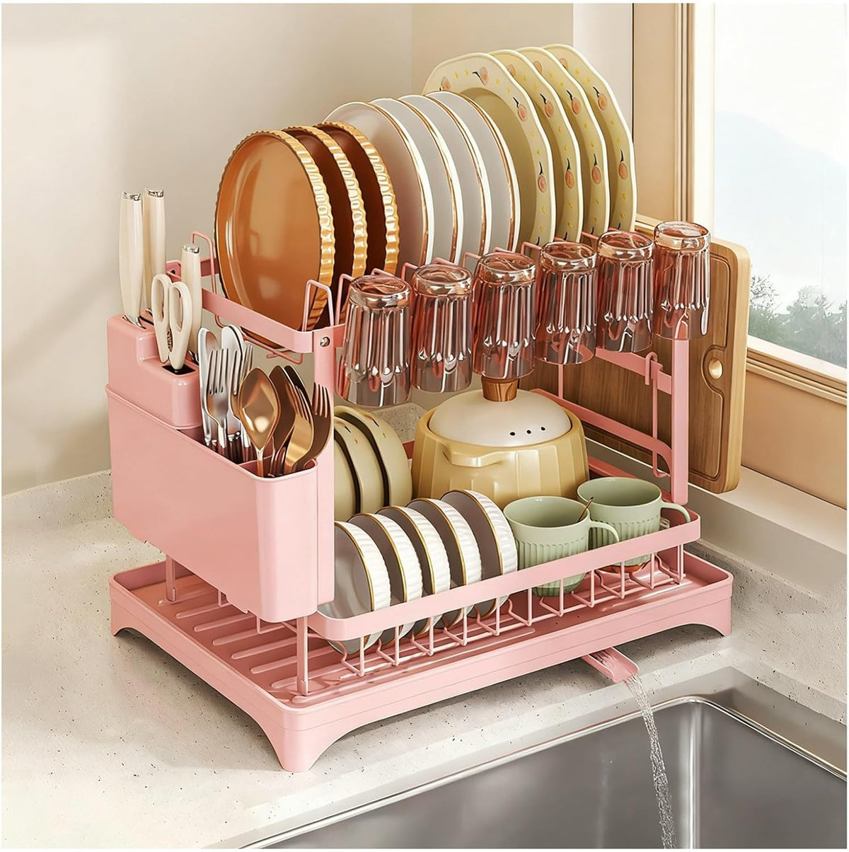 Kitchen Dish Drying Rack, 2 Tier Dish Drainer with Drainboard Pink