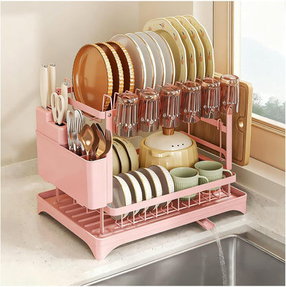 Kitchen Dish Drying Rack, 2 Tier Dish Drainer with Drainboard Pink