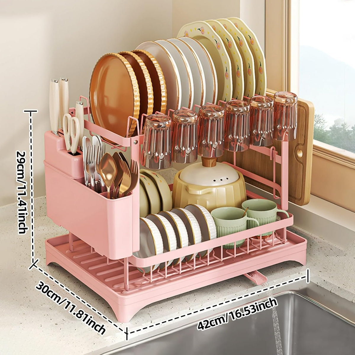 Kitchen Dish Drying Rack, 2 Tier Dish Drainer with Drainboard Pink