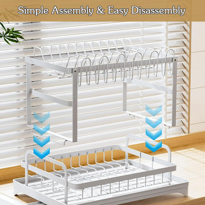 Kitchen Dish Drying Rack, 2 Tier Dish Drainer with Drainboard Pink