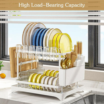 Kitchen Dish Drying Rack, 2 Tier Dish Drainer with Drainboard Pink