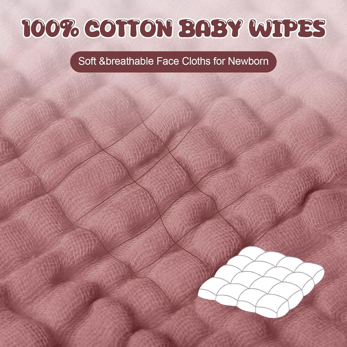 20 Pcs Baby Muslin Washcloth 12x12 in, Pink, Bean Paste, Dark Pink