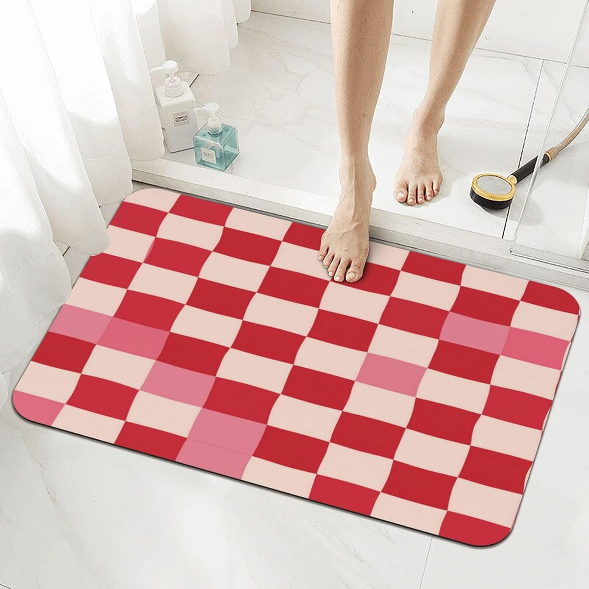 Bath Mat Pink Beige Plaid Checkerboard Pattern Absorbent Non Slip Doormat 15.7x23.6 in Washable Diatomaceous Shower Mat Floor Mats for Bathroom Kitchen Entryway