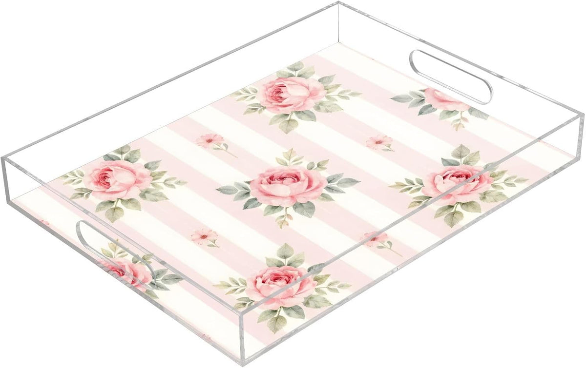 Pink Roses Stripes Serving Tray 12" x 16" Acrylic Trays with Handles Decorative Serving Platter for Coffee, Breakfast in Bed, Dinner, Appetizers, Patio, Party