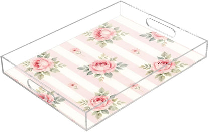 Pink Roses Stripes Serving Tray 12" x 16" Acrylic Trays with Handles Decorative Serving Platter for Coffee, Breakfast in Bed, Dinner, Appetizers, Patio, Party