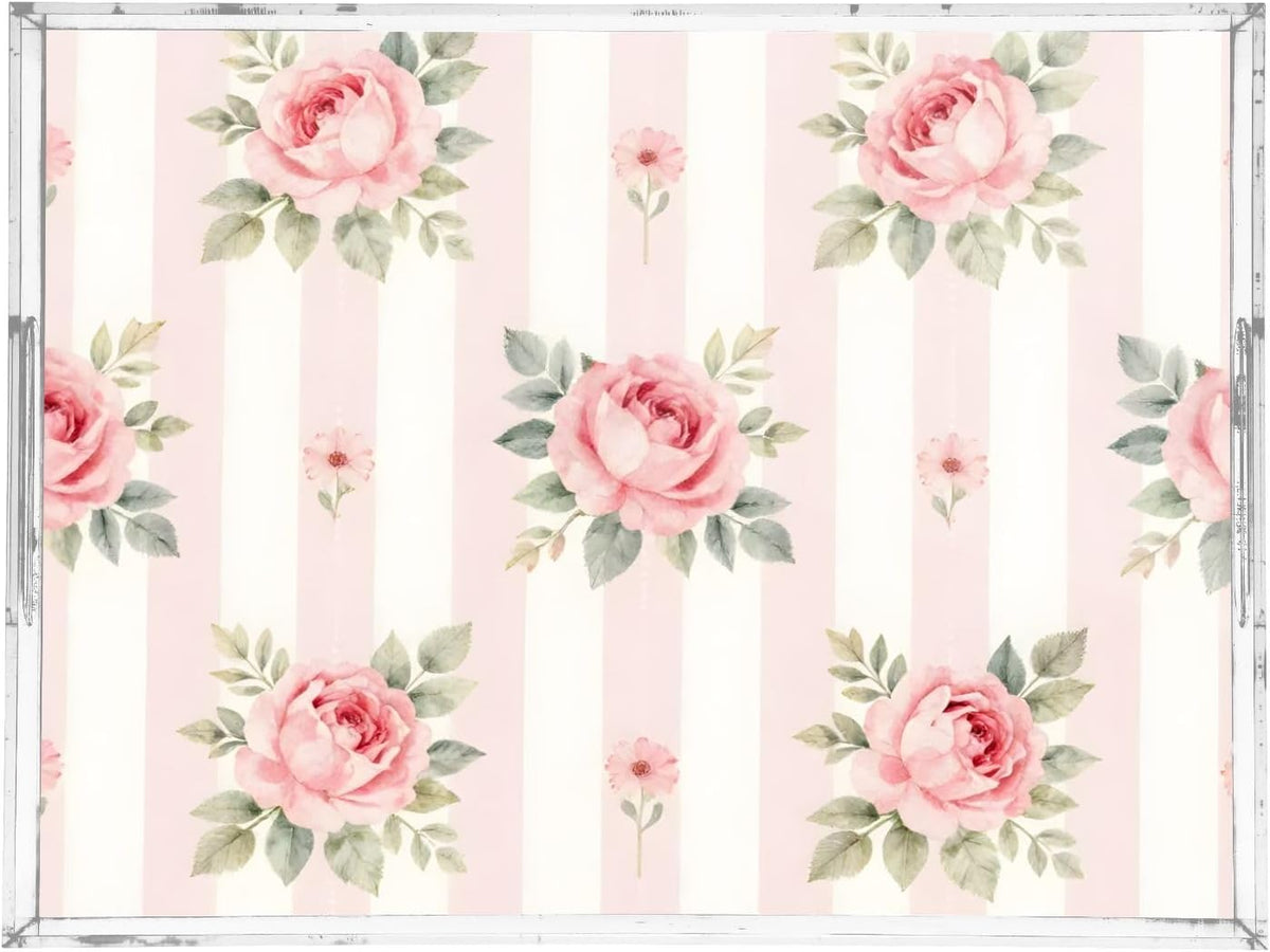 Pink Roses Stripes Serving Tray 12" x 16" Acrylic Trays with Handles Decorative Serving Platter for Coffee, Breakfast in Bed, Dinner, Appetizers, Patio, Party