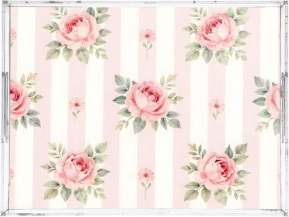 Pink Roses Stripes Serving Tray 12" x 16" Acrylic Trays with Handles Decorative Serving Platter for Coffee, Breakfast in Bed, Dinner, Appetizers, Patio, Party