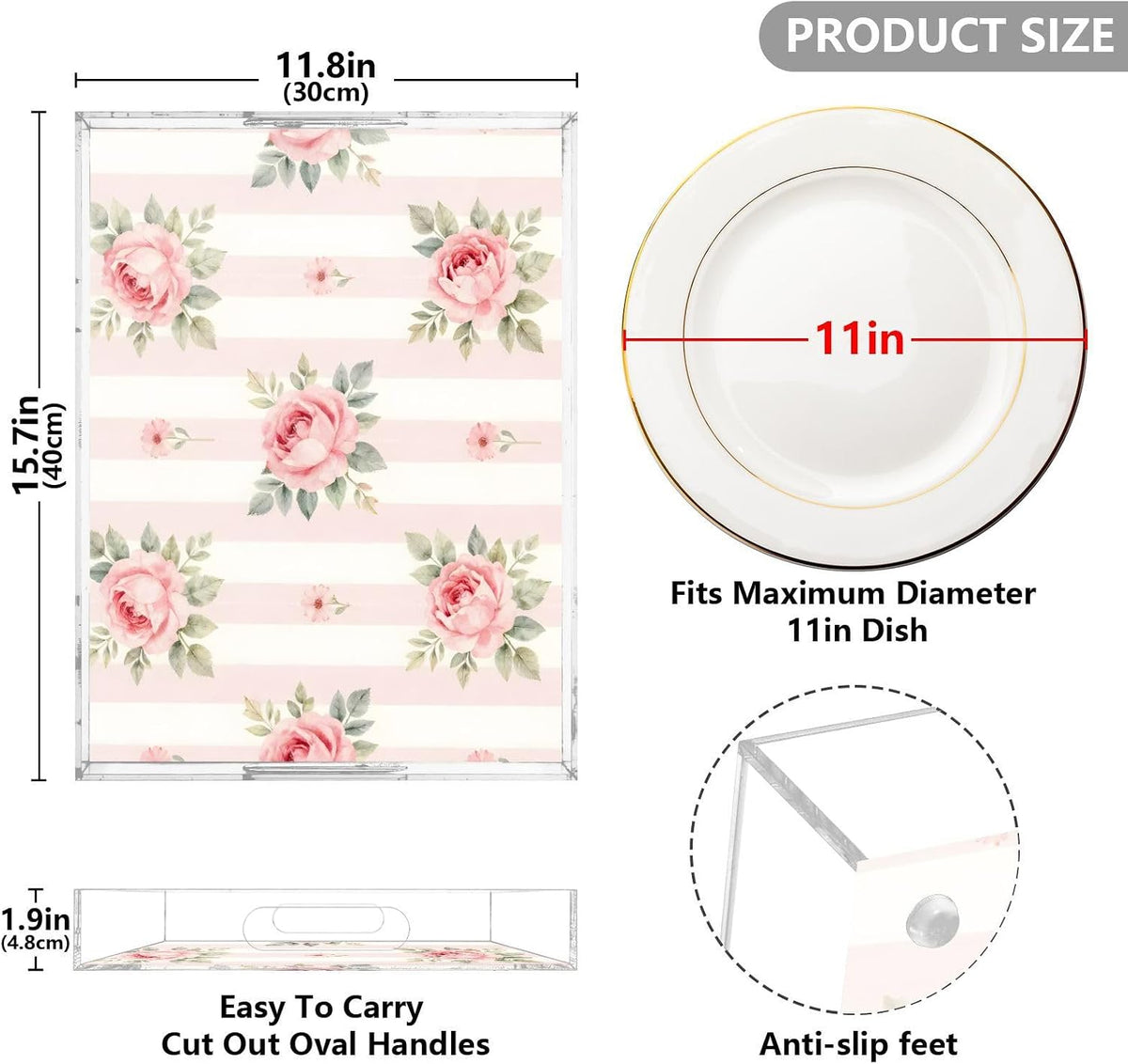 Pink Roses Stripes Serving Tray 12" x 16" Acrylic Trays with Handles Decorative Serving Platter for Coffee, Breakfast in Bed, Dinner, Appetizers, Patio, Party