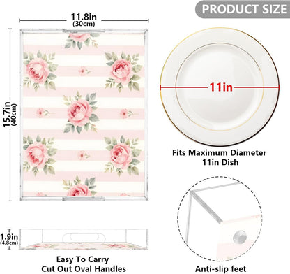 Pink Roses Stripes Serving Tray 12" x 16" Acrylic Trays with Handles Decorative Serving Platter for Coffee, Breakfast in Bed, Dinner, Appetizers, Patio, Party