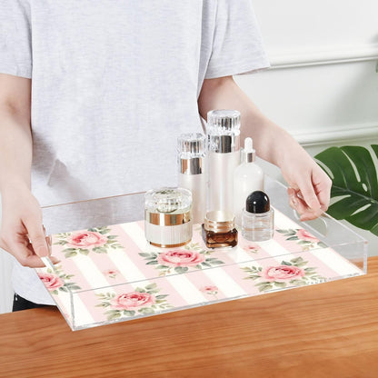 Pink Roses Stripes Serving Tray 12" x 16" Acrylic Trays with Handles Decorative Serving Platter for Coffee, Breakfast in Bed, Dinner, Appetizers, Patio, Party