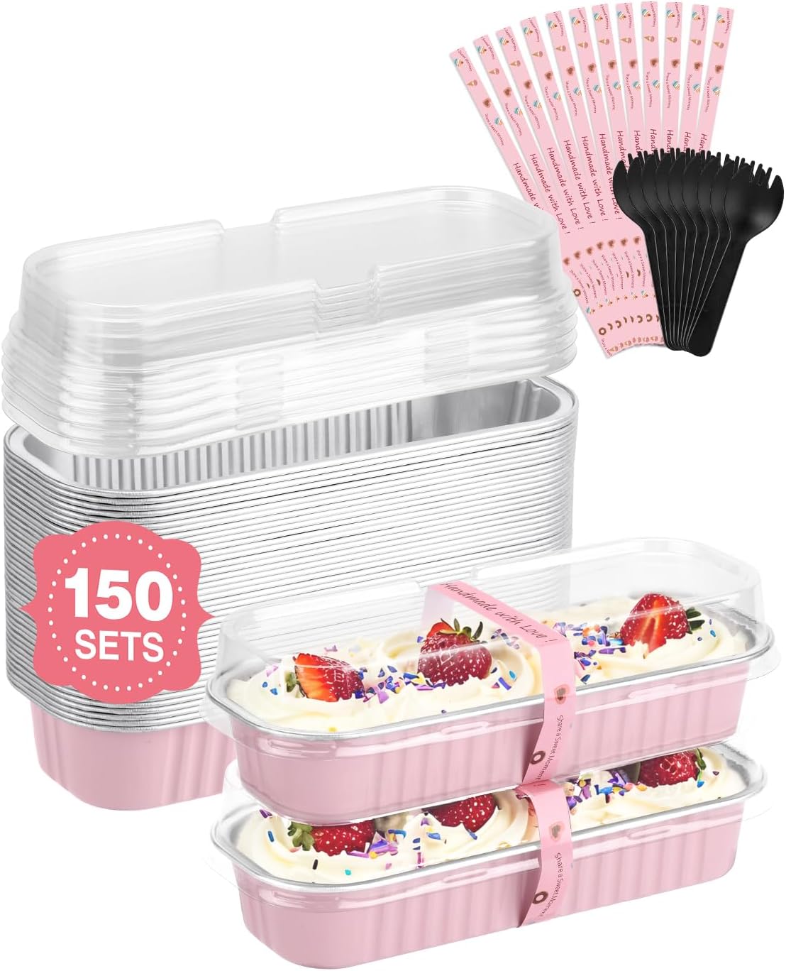 150 Pack 6.8 oz Disposable Mini Loaf Pans with Lids and Spoons - 6.5x2.5x1.2 Pink Aluminum Loaf Pans, Small Aluminum Tin Foil Baking Pan, Food Containers for Baking, Cakes, Bread, Loaves