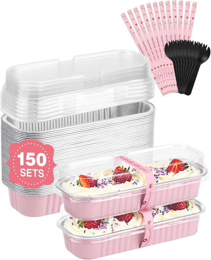 150 Pack 6.8 oz Disposable Mini Loaf Pans with Lids and Spoons - 6.5x2.5x1.2 Pink Aluminum Loaf Pans, Small Aluminum Tin Foil Baking Pan, Food Containers for Baking, Cakes, Bread, Loaves