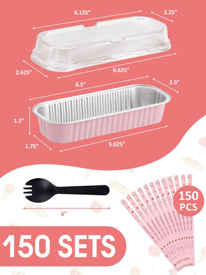 150 Pack 6.8 oz Disposable Mini Loaf Pans with Lids and Spoons - 6.5x2.5x1.2 Pink Aluminum Loaf Pans, Small Aluminum Tin Foil Baking Pan, Food Containers for Baking, Cakes, Bread, Loaves