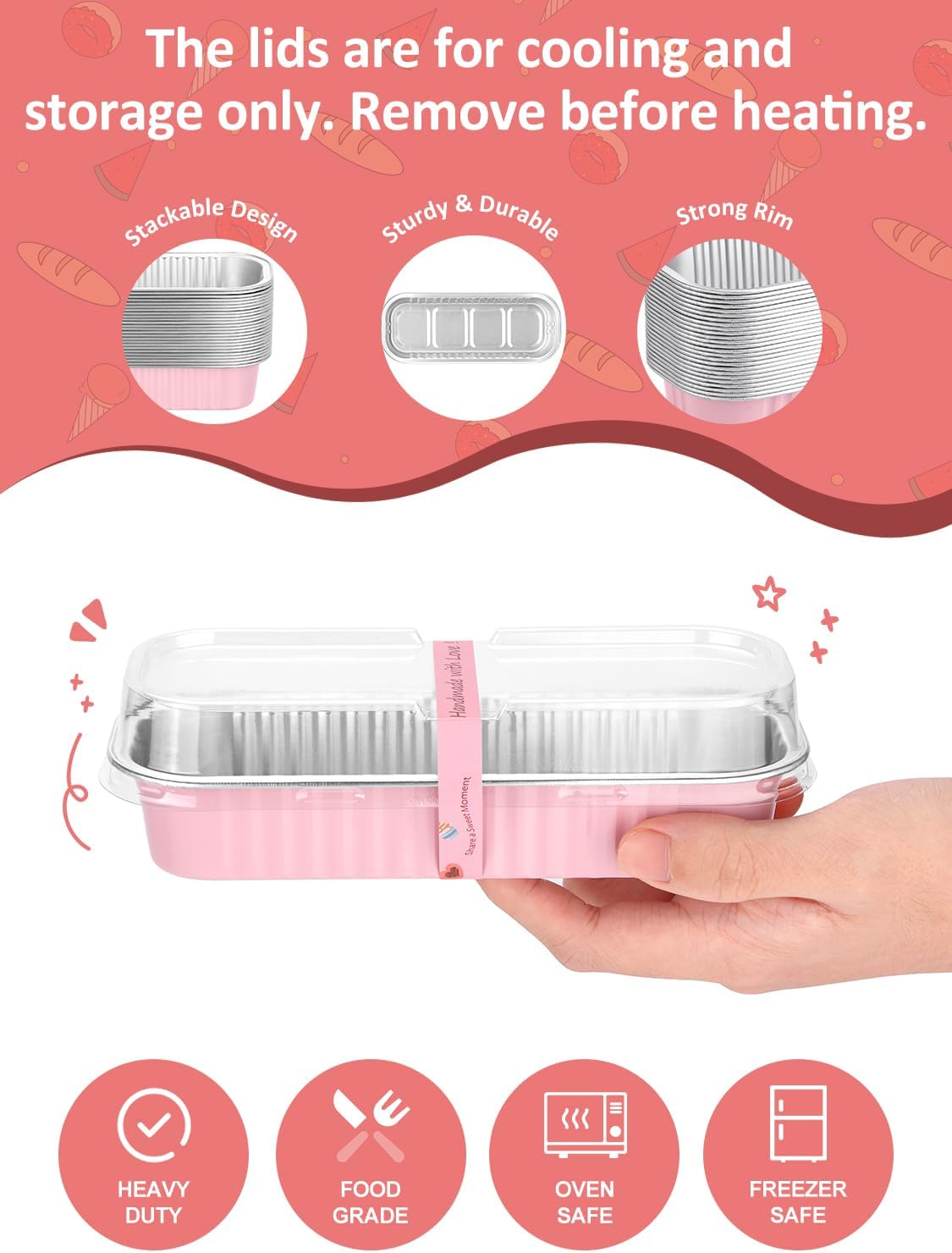 150 Pack 6.8 oz Disposable Mini Loaf Pans with Lids and Spoons - 6.5x2.5x1.2 Pink Aluminum Loaf Pans, Small Aluminum Tin Foil Baking Pan, Food Containers for Baking, Cakes, Bread, Loaves