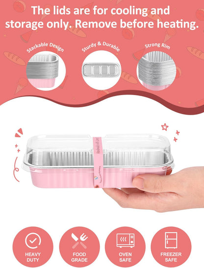 150 Pack 6.8 oz Disposable Mini Loaf Pans with Lids and Spoons - 6.5x2.5x1.2 Pink Aluminum Loaf Pans, Small Aluminum Tin Foil Baking Pan, Food Containers for Baking, Cakes, Bread, Loaves