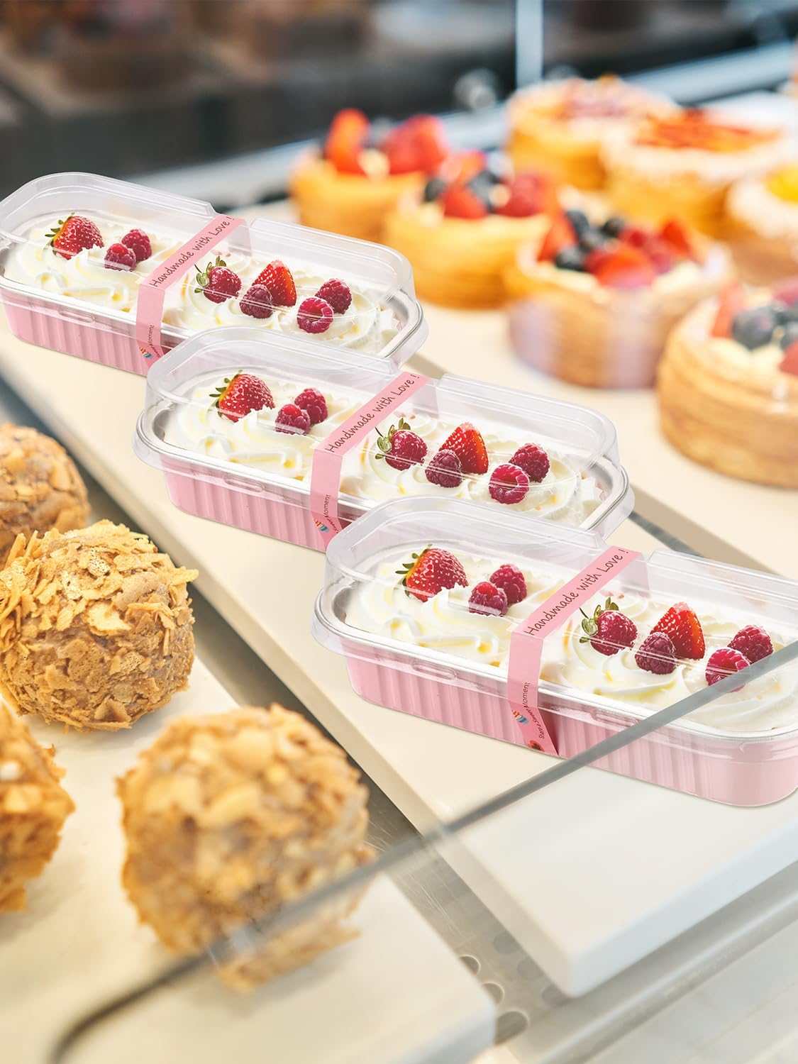 150 Pack 6.8 oz Disposable Mini Loaf Pans with Lids and Spoons - 6.5x2.5x1.2 Pink Aluminum Loaf Pans, Small Aluminum Tin Foil Baking Pan, Food Containers for Baking, Cakes, Bread, Loaves