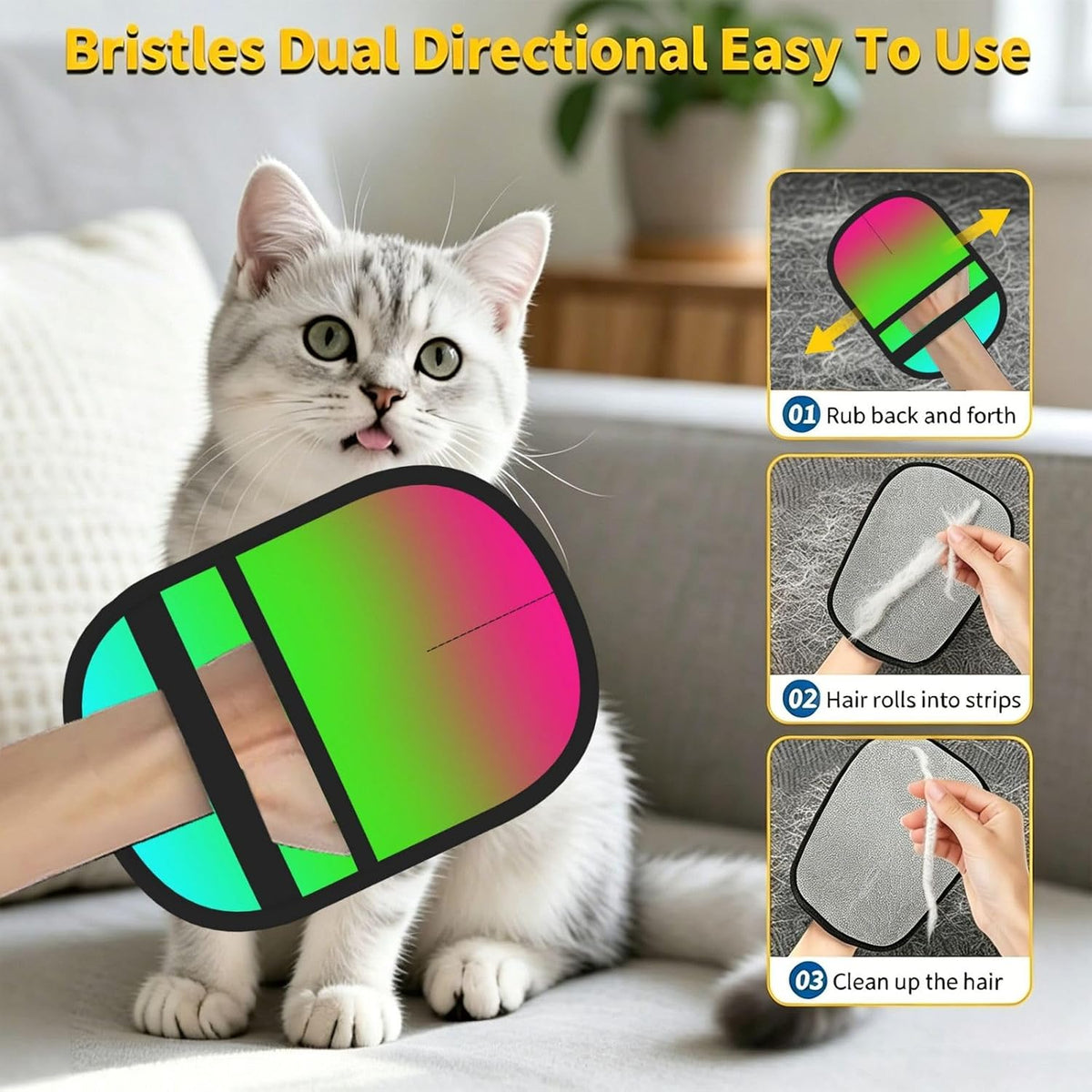Blue Green Pink Rainbow Gradient Pet Hair Removal Glove Dogs Hair Remover Glove Cats Fur Removal Tool with Hanging Loop for Couch 6.7X9.5 in
