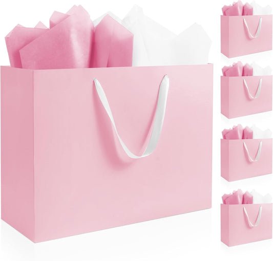 5 Pack Large Pink Gift Bags with Handles, 12.6x8.7x4 Inches - Includes 10 Tissue Papers for Birthday, Wedding, Shopping Business, Thanksgiving, Christmas&Holiday (Pink Large-5 Pcs)