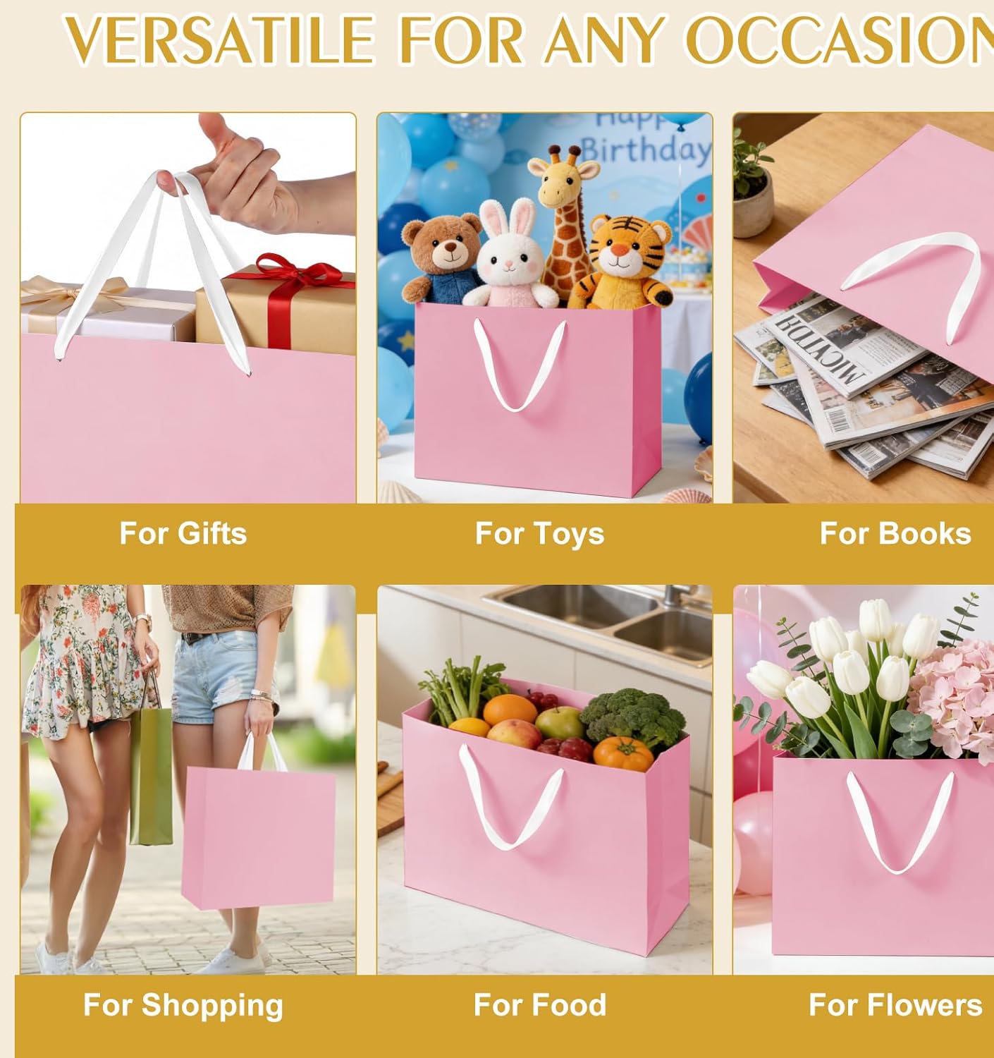 5 Pack Large Pink Gift Bags with Handles, 12.6x8.7x4 Inches - Includes 10 Tissue Papers for Birthday, Wedding, Shopping Business, Thanksgiving, Christmas&Holiday (Pink Large-5 Pcs)
