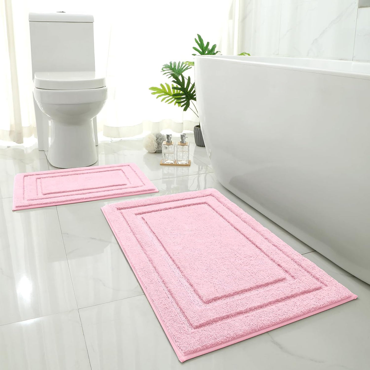 Pink Bathroom Rug, 2 Piece Super Soft Microfiber and Absorbent Shower Mat, Machine Washable Bath Mats for Valentine's Day Decorations, 20" x 32" + 16" x 24"