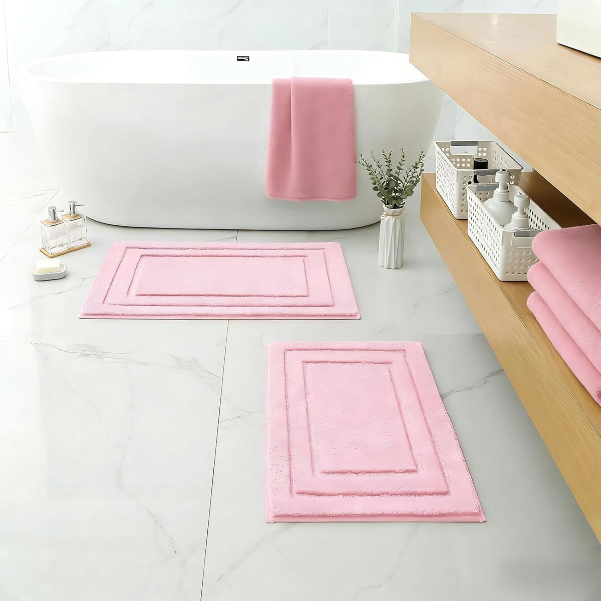 Pink Bathroom Rug, 2 Piece Super Soft Microfiber and Absorbent Shower Mat, Machine Washable Bath Mats for Valentine's Day Decorations, 20" x 32" + 16" x 24"