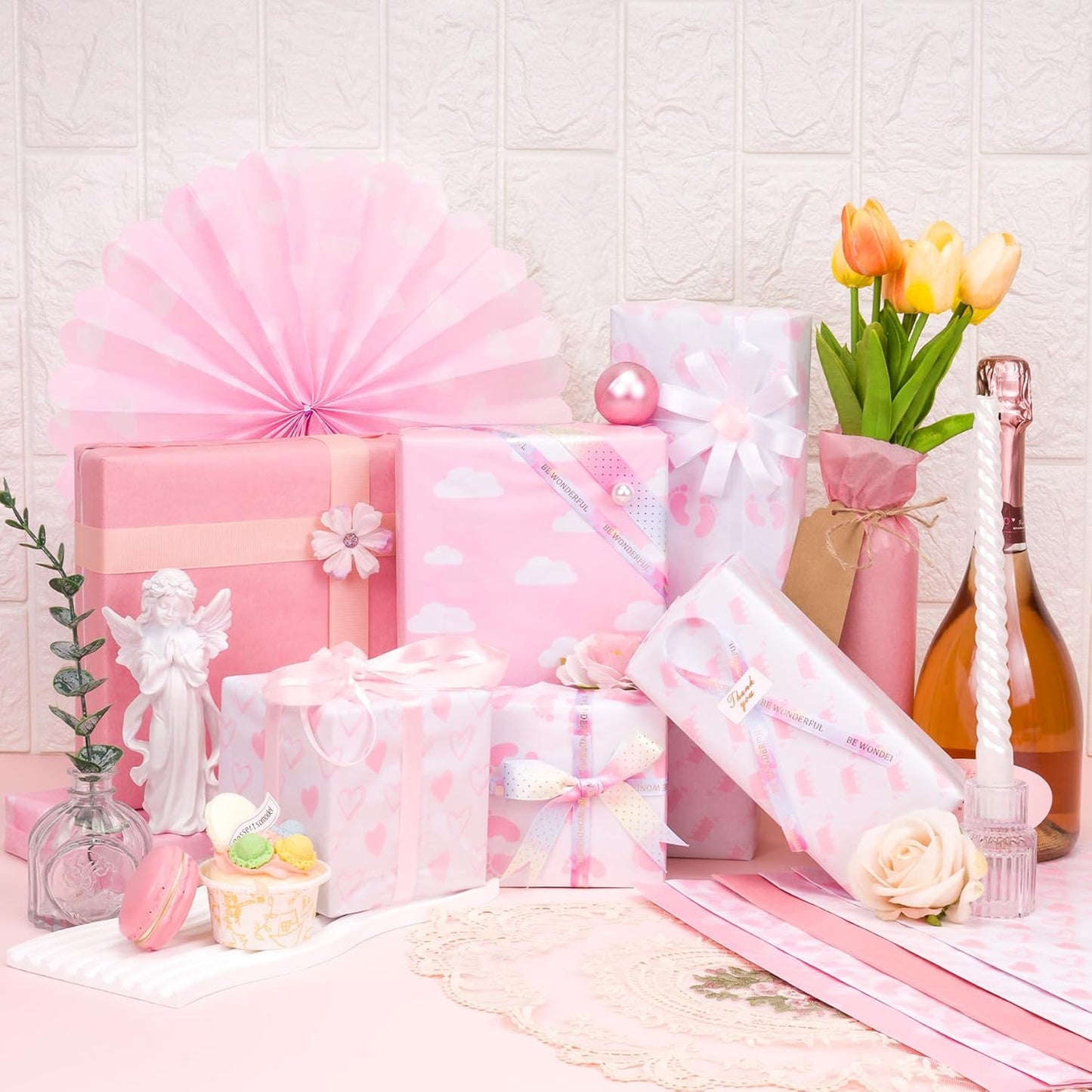 Tissue Paper, 50 Pcs Baby Feet Print Pink Tissue Paper for Gift Bags Gift Wrapping, Cute Baby Girl Design Tissue Paper Gift Wrap for Baby Shower, Birthday, Anniversary, Craft, 19.7x13.8in