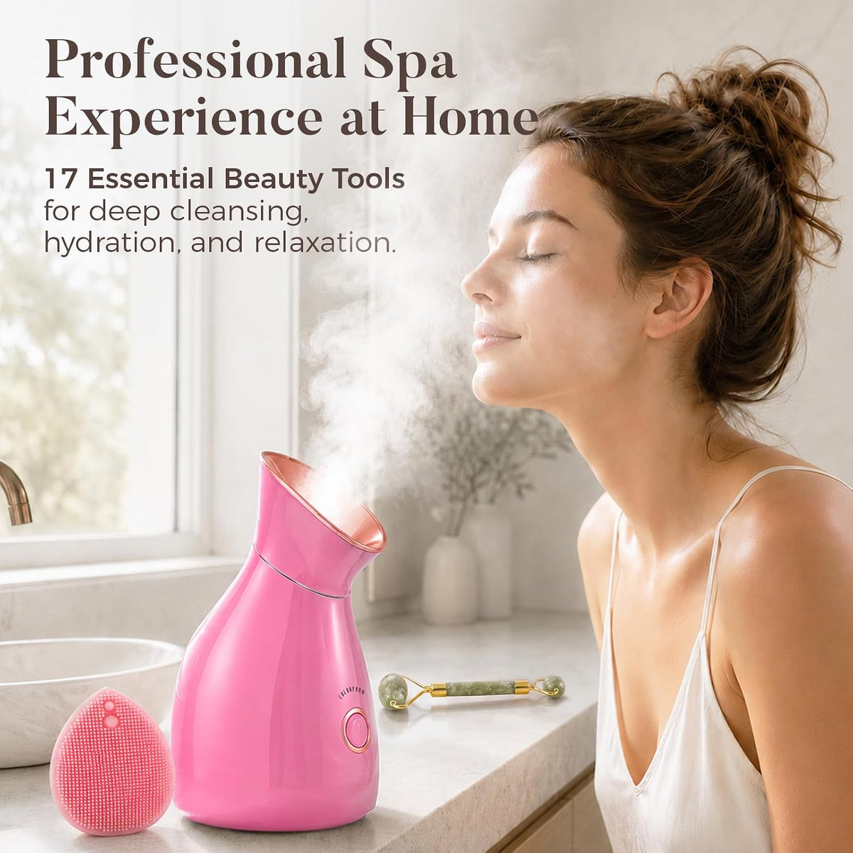 Nano Ionic Facial Steamer Kit with 17 Skin Care Tools for Home Spa