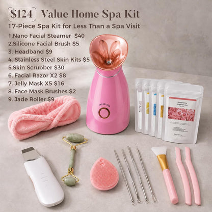 Nano Ionic Facial Steamer Kit with 17 Skin Care Tools for Home Spa
