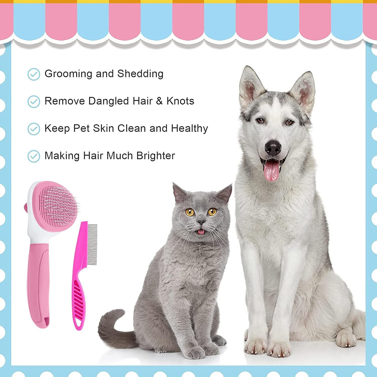 Cat Brushes for Indoor Cats, Dog Brush for Shedding with Metal Cat Comb, Self Cleaning Pet Hair Brush with Release Button for Grooming Kitten(Pink)