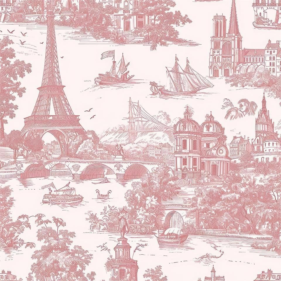 Pink Vintage City Landscape Tower French Buidling Voyage Peel and Stick Wallpaper Contact Paper Vintage Vinyl Stick on Wall Paper for Bedroom Bathroom Kitchen Cabinet Renter Friendly