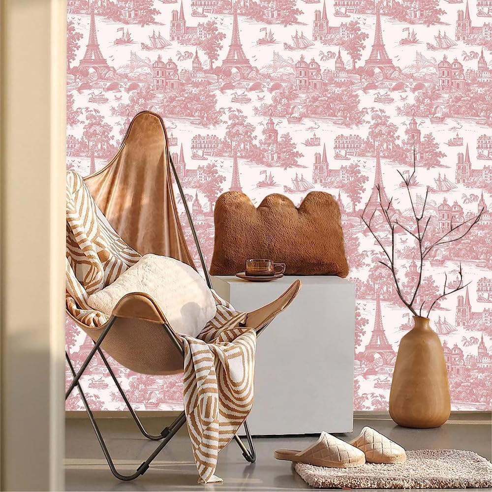 Pink Vintage City Landscape Tower French Buidling Voyage Peel and Stick Wallpaper Contact Paper Vintage Vinyl Stick on Wall Paper for Bedroom Bathroom Kitchen Cabinet Renter Friendly