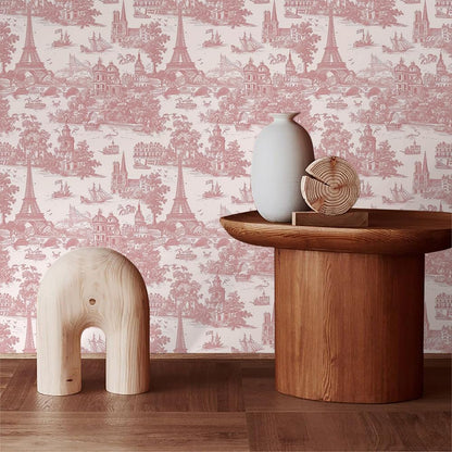 Pink Vintage City Landscape Tower French Buidling Voyage Peel and Stick Wallpaper Contact Paper Vintage Vinyl Stick on Wall Paper for Bedroom Bathroom Kitchen Cabinet Renter Friendly