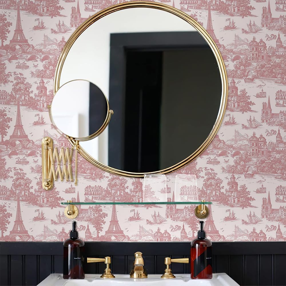 Pink Vintage City Landscape Tower French Buidling Voyage Peel and Stick Wallpaper Contact Paper Vintage Vinyl Stick on Wall Paper for Bedroom Bathroom Kitchen Cabinet Renter Friendly