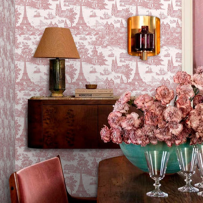 Pink Vintage City Landscape Tower French Buidling Voyage Peel and Stick Wallpaper Contact Paper Vintage Vinyl Stick on Wall Paper for Bedroom Bathroom Kitchen Cabinet Renter Friendly