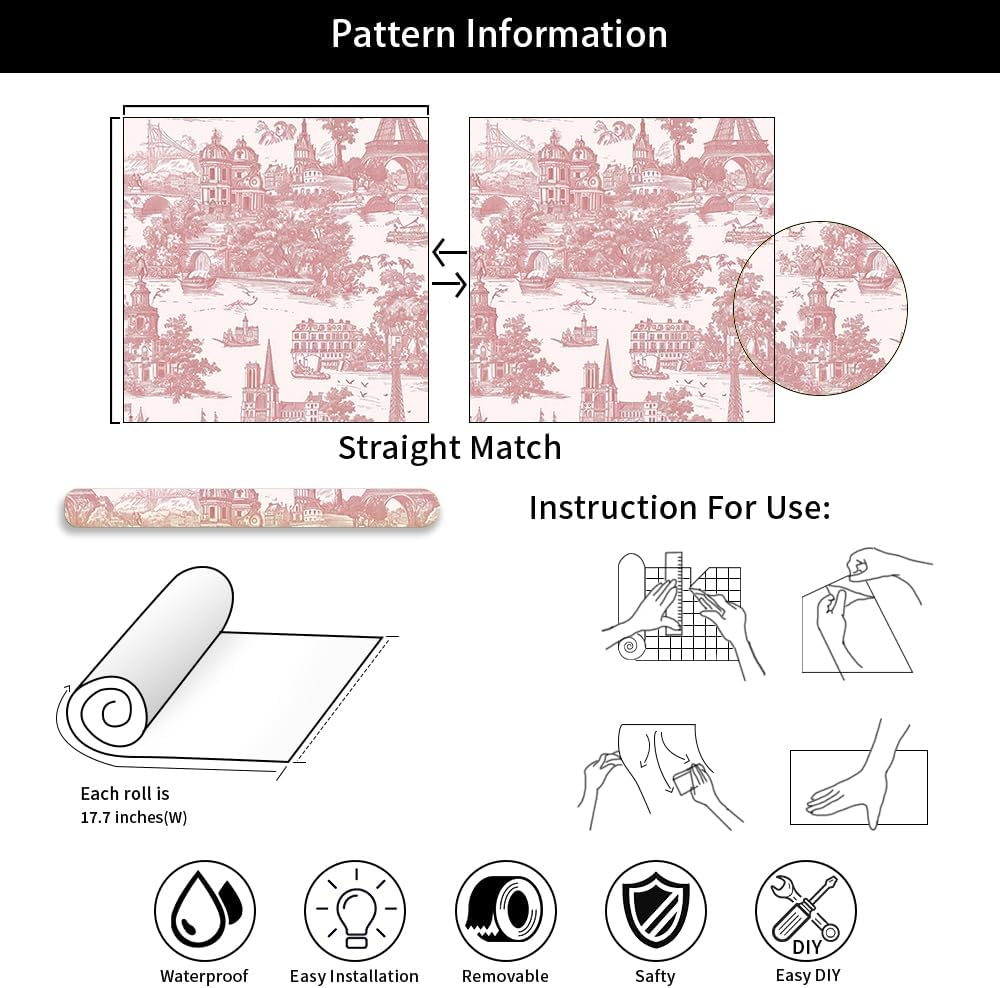 Pink Vintage City Landscape Tower French Buidling Voyage Peel and Stick Wallpaper Contact Paper Vintage Vinyl Stick on Wall Paper for Bedroom Bathroom Kitchen Cabinet Renter Friendly