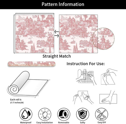 Pink Vintage City Landscape Tower French Buidling Voyage Peel and Stick Wallpaper Contact Paper Vintage Vinyl Stick on Wall Paper for Bedroom Bathroom Kitchen Cabinet Renter Friendly