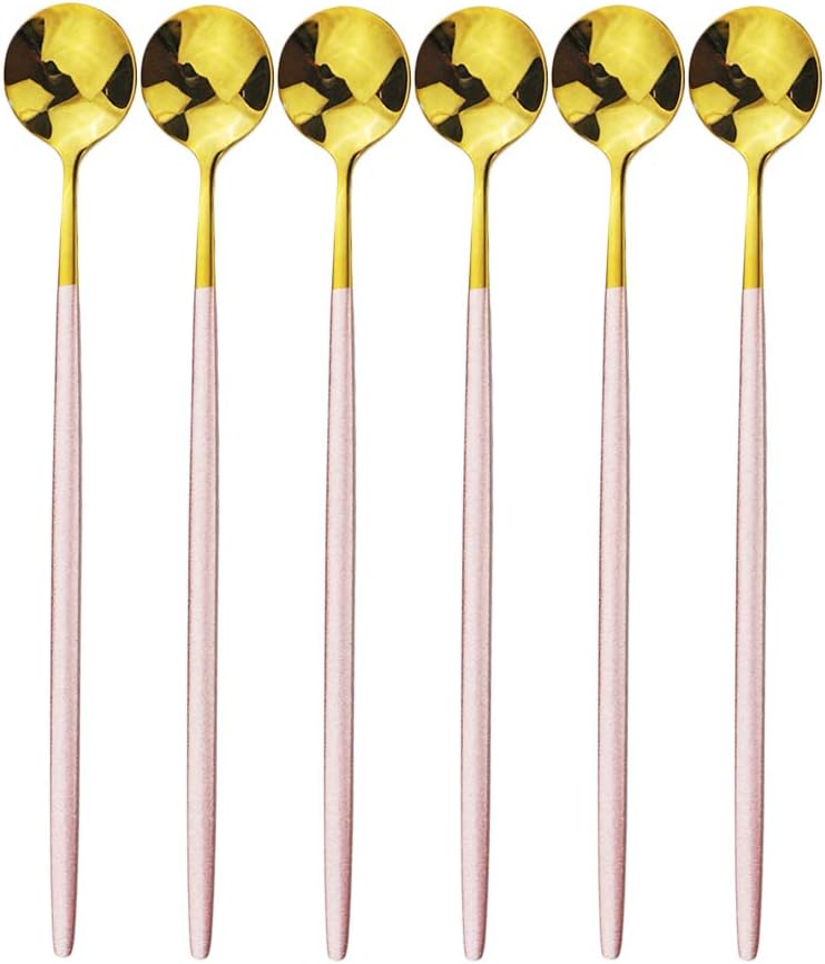 Pink Gold Long Handled 304 Stainless Steel Cutlery Ice Cream Tea Spoons Mixing Spoon Dinnerware Tableware Kitchen Service Party Set 6 pieces