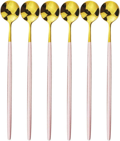 Pink Gold Long Handled 304 Stainless Steel Cutlery Ice Cream Tea Spoons Mixing Spoon Dinnerware Tableware Kitchen Service Party Set 6 pieces
