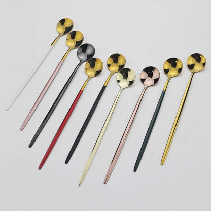 Pink Gold Long Handled 304 Stainless Steel Cutlery Ice Cream Tea Spoons Mixing Spoon Dinnerware Tableware Kitchen Service Party Set 6 pieces