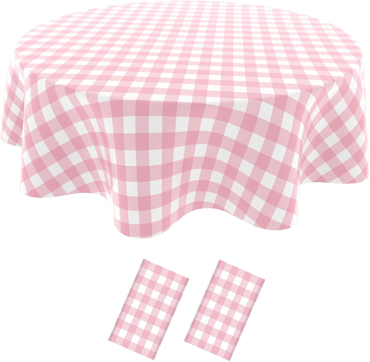 2 Pack Checkered Tablecloth，Plastic Table Cloth Disposable，84 Inch Round Gingham Tablecloth for Parties - Pink