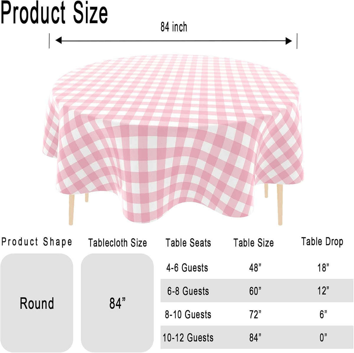 2 Pack Checkered Tablecloth，Plastic Table Cloth Disposable，84 Inch Round Gingham Tablecloth for Parties - Pink