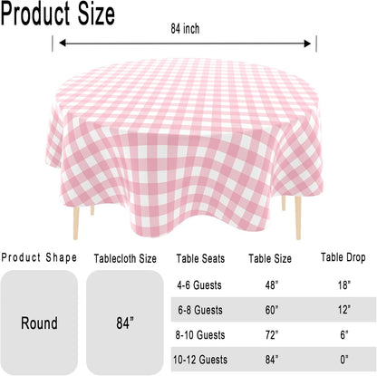 2 Pack Checkered Tablecloth，Plastic Table Cloth Disposable，84 Inch Round Gingham Tablecloth for Parties - Pink