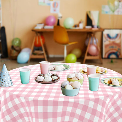 2 Pack Checkered Tablecloth，Plastic Table Cloth Disposable，84 Inch Round Gingham Tablecloth for Parties - Pink