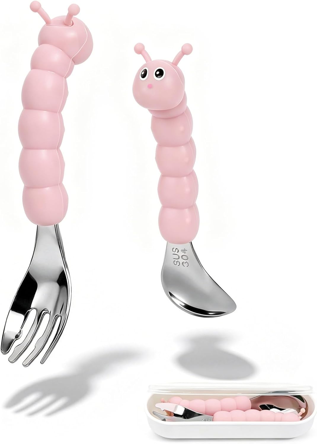 Toddler Utensils, Stainless Steel Baby Forks and Spoons Set Caterpillar Silicone Handle, Kids Silverware with Portable Storage Case, Baby Feeding Essentials, Dishwasher Safe (Pink)