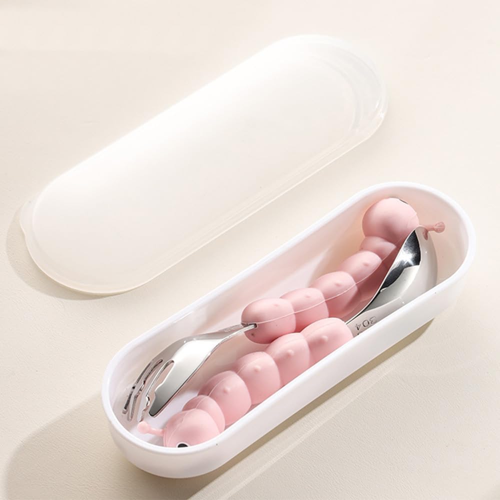 Toddler Utensils, Stainless Steel Baby Forks and Spoons Set Caterpillar Silicone Handle, Kids Silverware with Portable Storage Case, Baby Feeding Essentials, Dishwasher Safe (Pink)