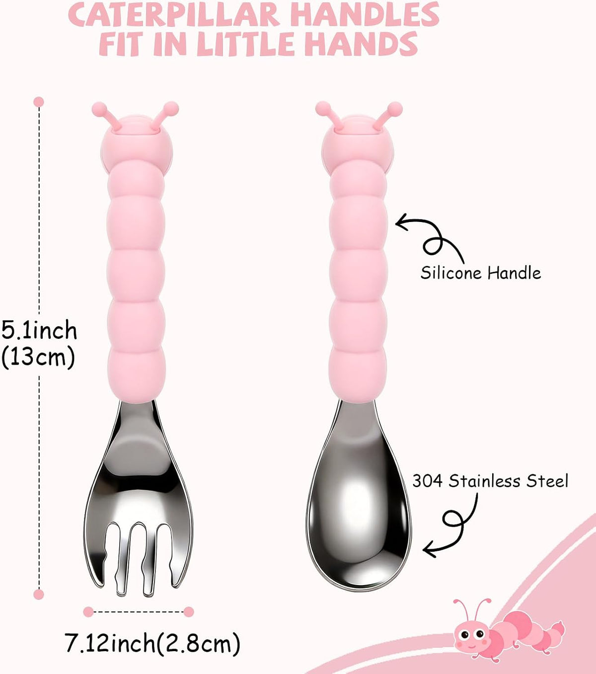 Toddler Utensils, Stainless Steel Baby Forks and Spoons Set Caterpillar Silicone Handle, Kids Silverware with Portable Storage Case, Baby Feeding Essentials, Dishwasher Safe (Pink)
