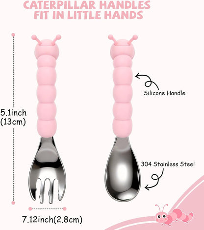 Toddler Utensils, Stainless Steel Baby Forks and Spoons Set Caterpillar Silicone Handle, Kids Silverware with Portable Storage Case, Baby Feeding Essentials, Dishwasher Safe (Pink)