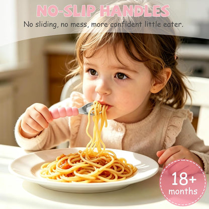 Toddler Utensils, Stainless Steel Baby Forks and Spoons Set Caterpillar Silicone Handle, Kids Silverware with Portable Storage Case, Baby Feeding Essentials, Dishwasher Safe (Pink)