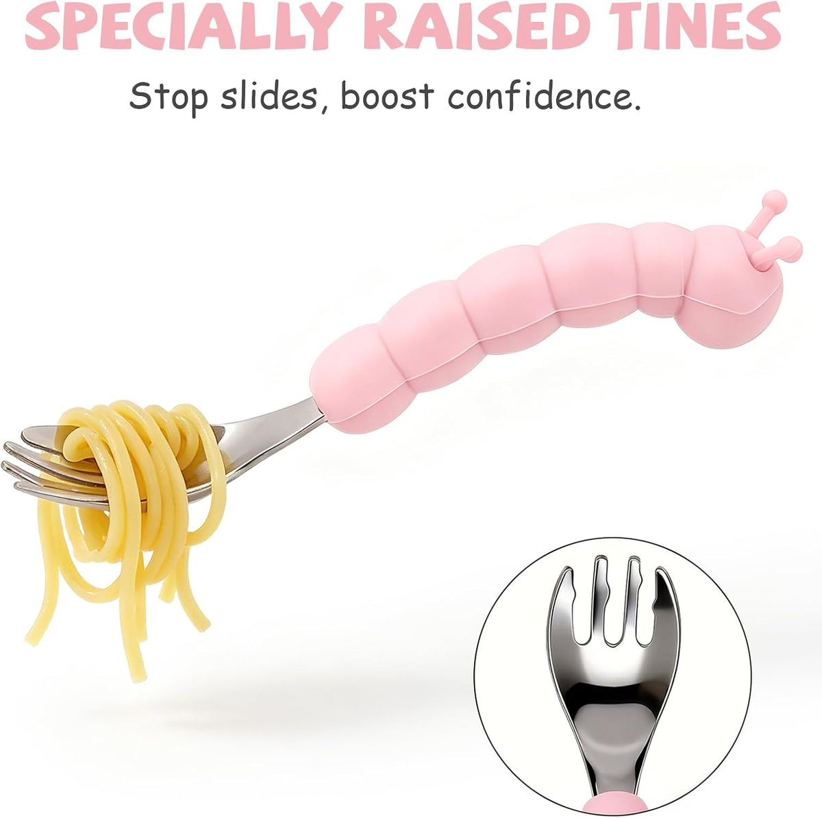 Toddler Utensils, Stainless Steel Baby Forks and Spoons Set Caterpillar Silicone Handle, Kids Silverware with Portable Storage Case, Baby Feeding Essentials, Dishwasher Safe (Pink)