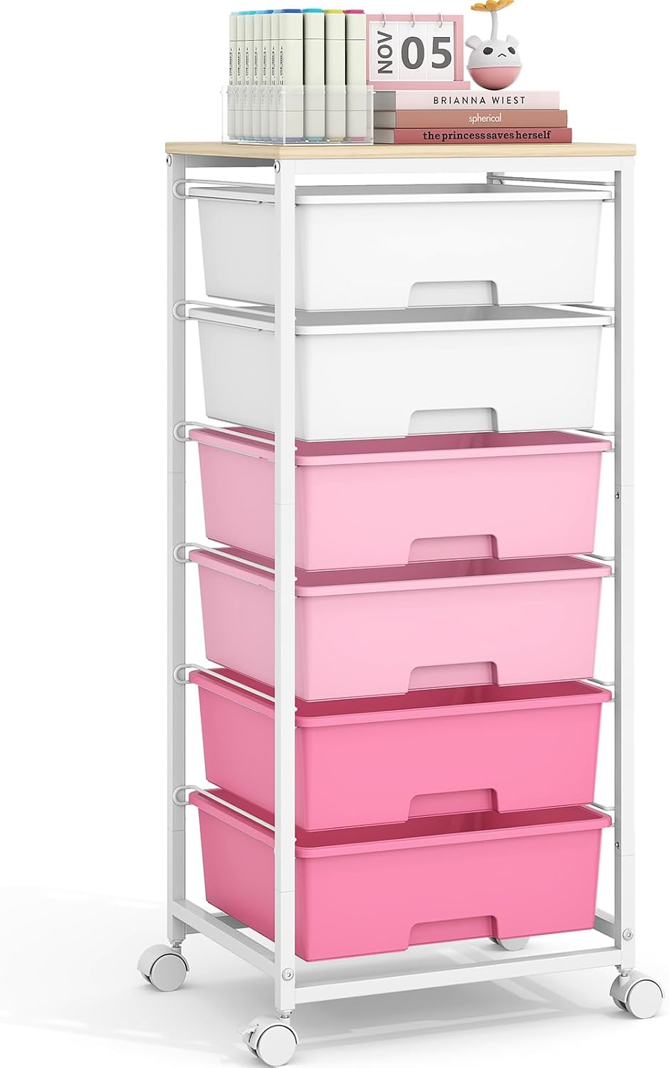 6 Drawer Rolling Storage Cart with Wooden Top and Wheels for Crafts, Pink